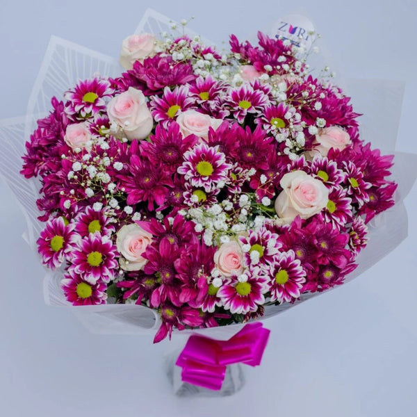 Blossom Veil – Pink Roses, Purple Mums
