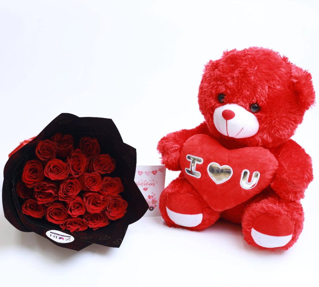 Red roses bouquet with teddy bear, arranged by Zuri Blooms