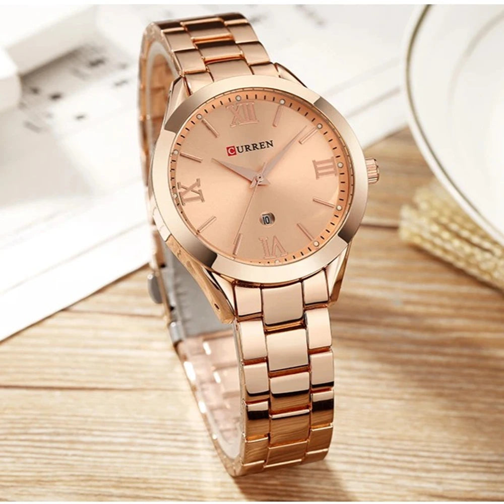 Curren 9007 women’s watch featuring a slim round dial and stainless steel band, presented by Zuri Blooms
