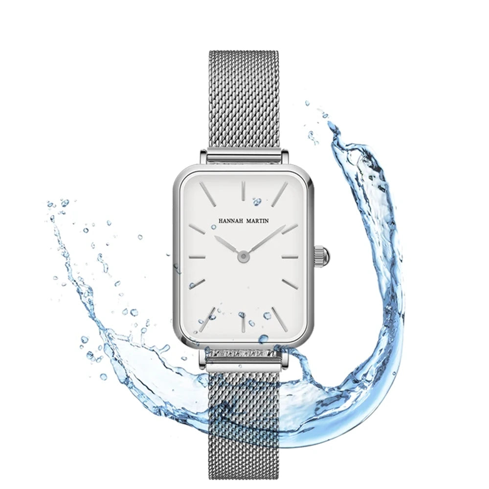 Hannah Martin HM-1241 women’s watch featuring a rectangular dial and stainless steel band, presented by Zuri Blooms