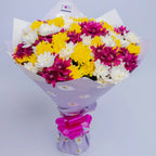 Luminous Bliss bouquet featuring yellow, white, and purple chrysanthemums Classic, arranged by Zuri Blooms