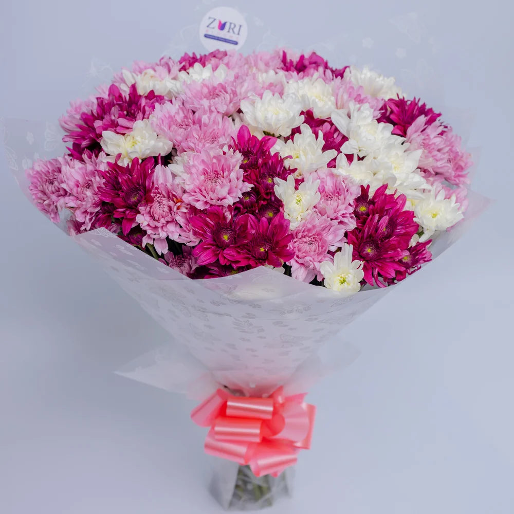 Majestic Harmony bouquet featuring pink, white, and purple chrysanthemums, arranged by Zuri Blooms