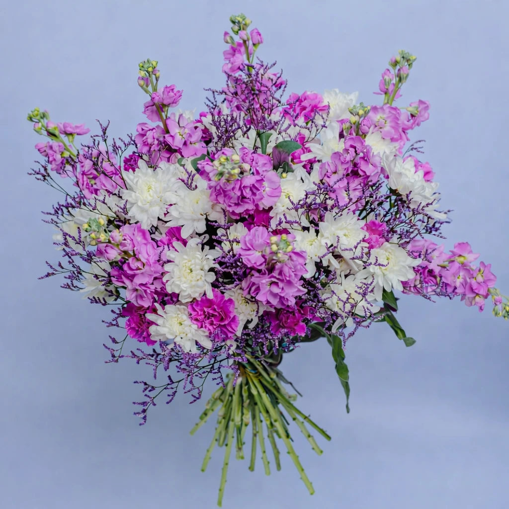 Majestic Petals bouquet featuring matthiola, white mums, pink carnations, and purple limonium, arranged by Zuri Blooms