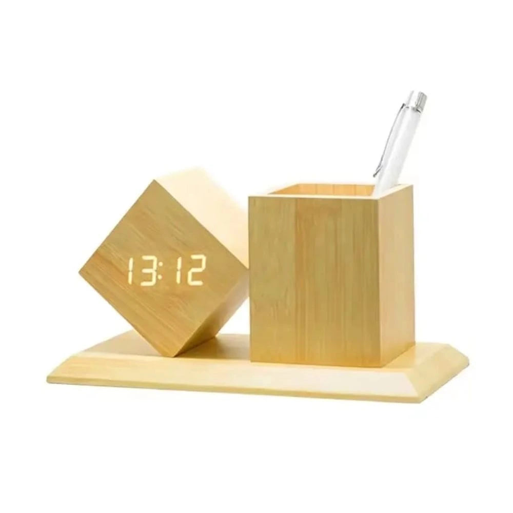 Pen holder with digital clock displaying time, date, and temperature, angled presented by Zuri Blooms