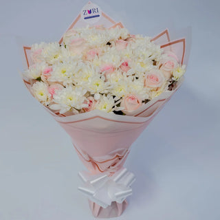 Pink & White Harmony – Chrysanthemums, Pink Roses Bouquet