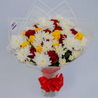 Radiant Sunset bouquet featuring yellow and red roses with white chrysanthemums, arranged by Zuri Blooms