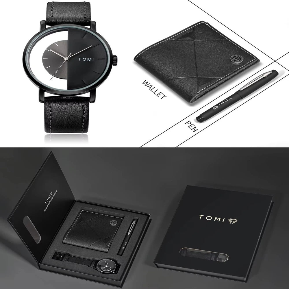 Black watch, wallet, and pen set with TOMI branding on a white background.