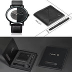 Black watch, wallet, and pen set with TOMI branding on a white background.