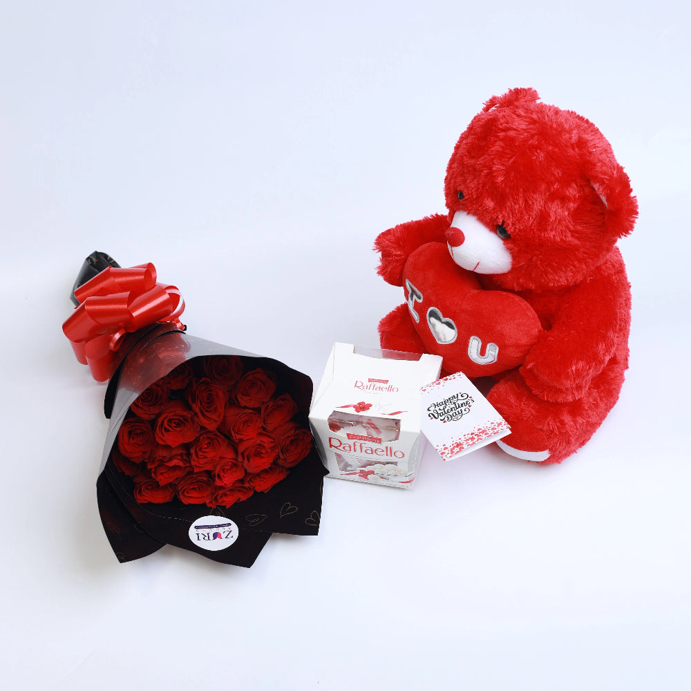 Red roses bouquet with teddy bear and Raffaello chocolates, arranged by Zuri Blooms