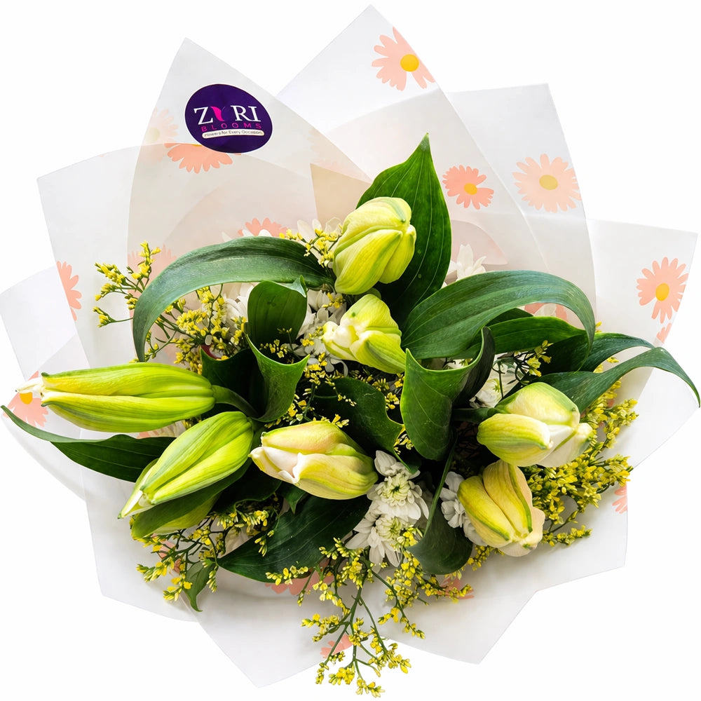 Bouquet of lillies, white mums & Yellow limonium arranged by Zuri Blooms