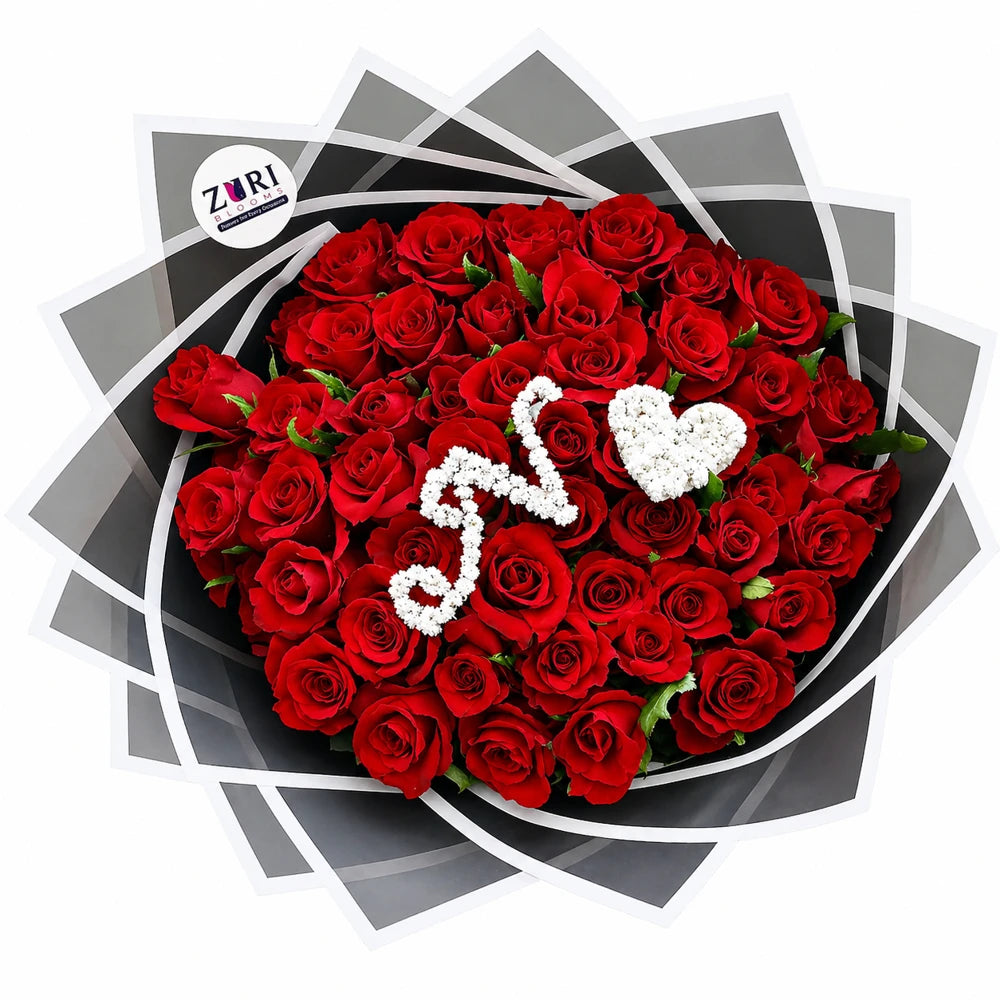 Red roses bouquet with custom letter and heart made of white gypsophila, romantic flower arrangement Nairobi by Zuri Blooms
